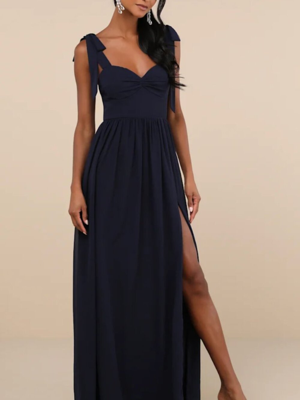 Lulus Radiant Charisma Navy Chiffon Ruched Tie-Strap Maxi Dress